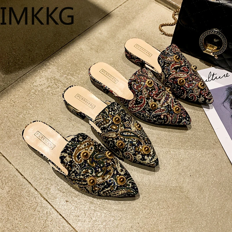 Женские мюли на низком каблуке с заостренным носком модные летние туфли