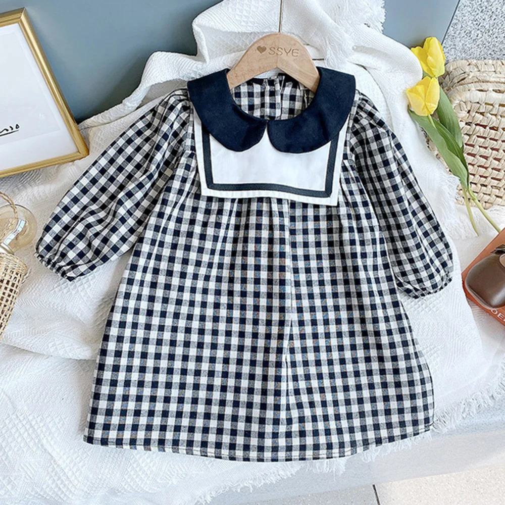 

High Quality Kids Long Sleeve Dress Plaid Peter Pan Collar Spring Autumn Fashion Princess Girls School Clothing