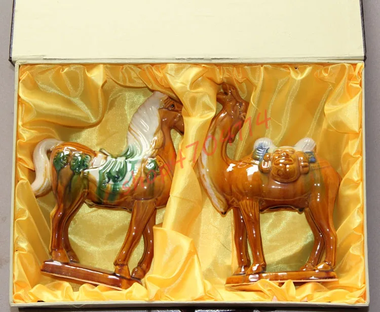 

Pure handmade, Ceramics Tang tri-coloured horse and camel ornaments, exquisite handicraft decorations