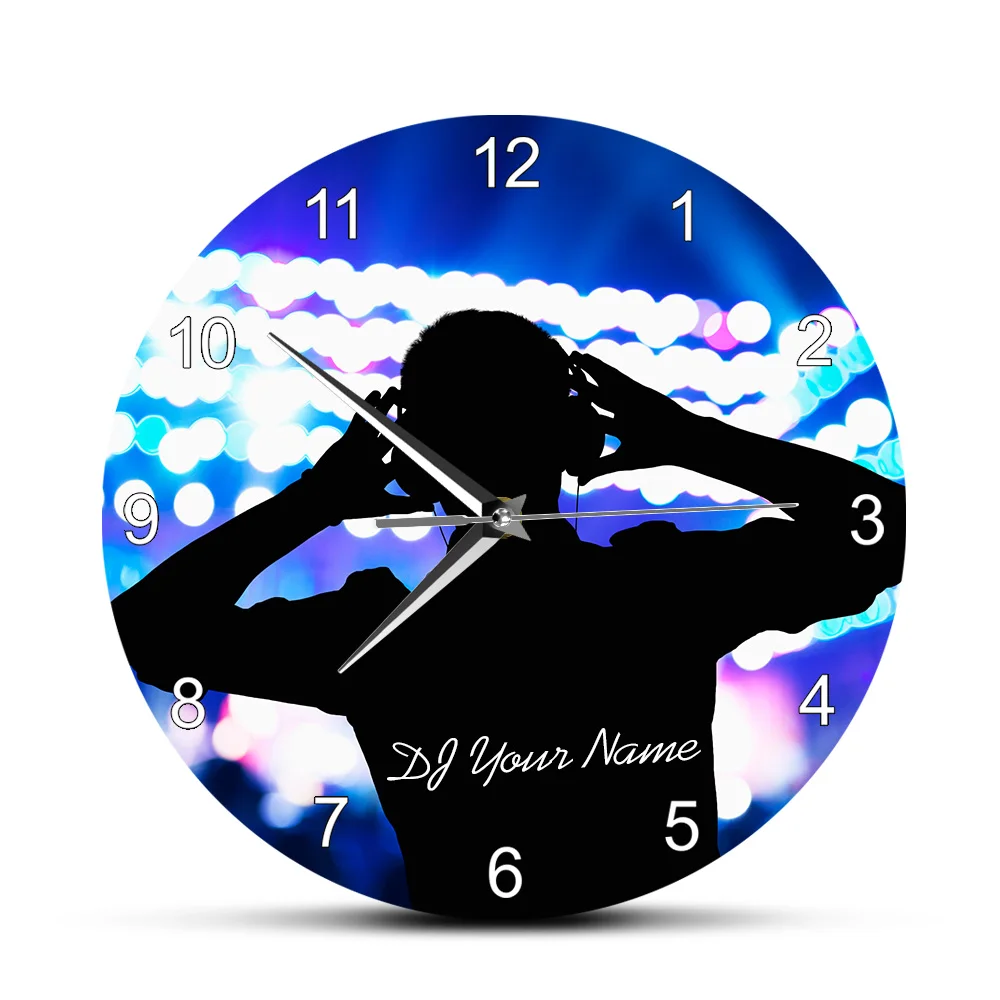 Персонализированные настенные акриловые часы DJ с принтом имени дискового