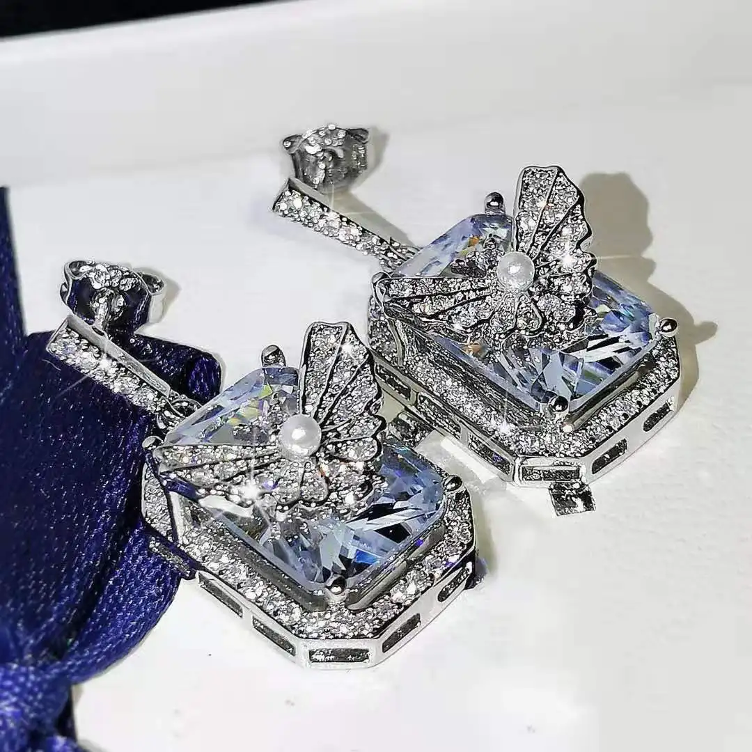 

New S925 Silver Earrings Fashion Butterfly Shape White Gold Crystal Earrings Ladies Romantic Luxury Jewelry Gift Free Shipping