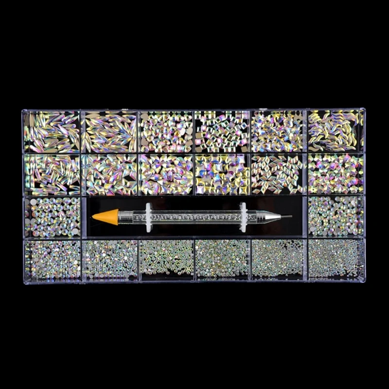 

21 Grids Professional Nail Decoration Kit Multi Shapes Glass Rhinestones with Dual-ended Dotting Pen for Nails Art Tool