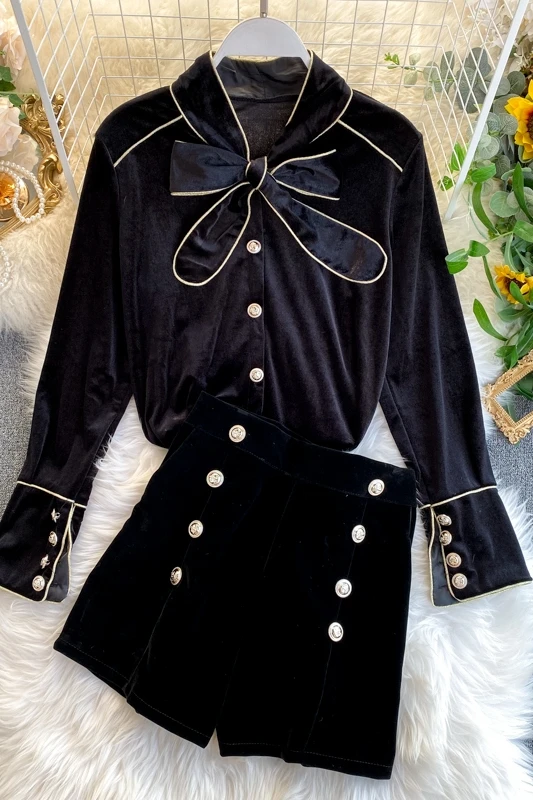 

outfits for women 2020 autumn winter elegant long sleeve top velvet black blouse shirt and high waisted shorts two piece set