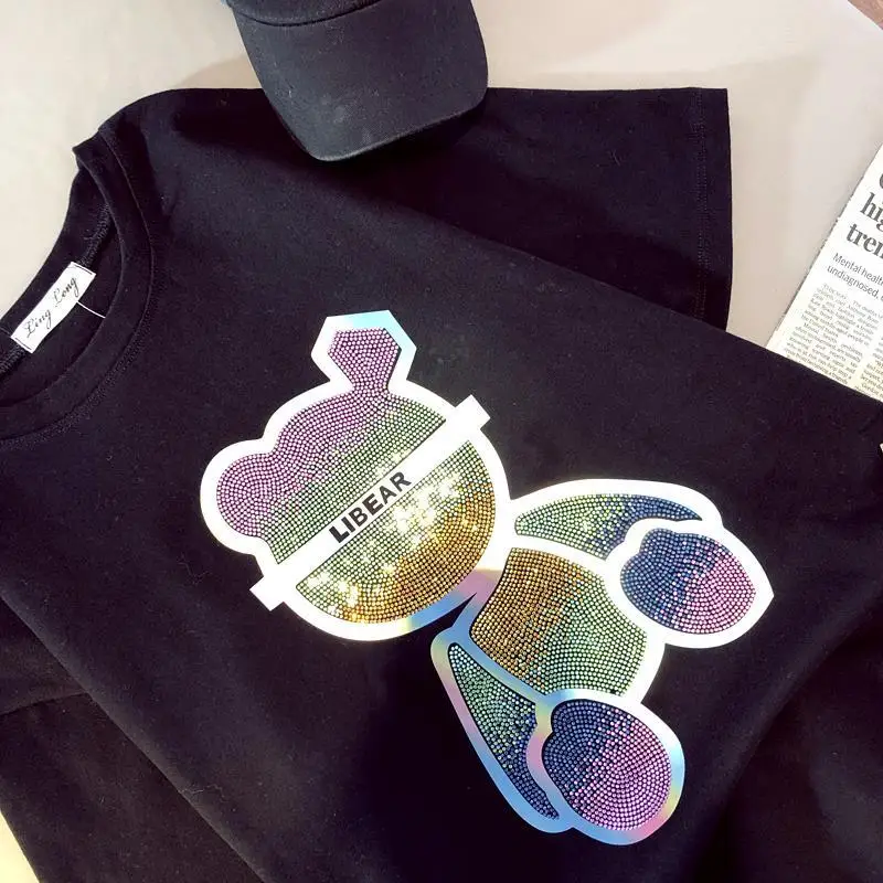 

Cartoon bear Printed Casual Loose Oversize Korean Style 2021 Summer Short Sleeve Women Top