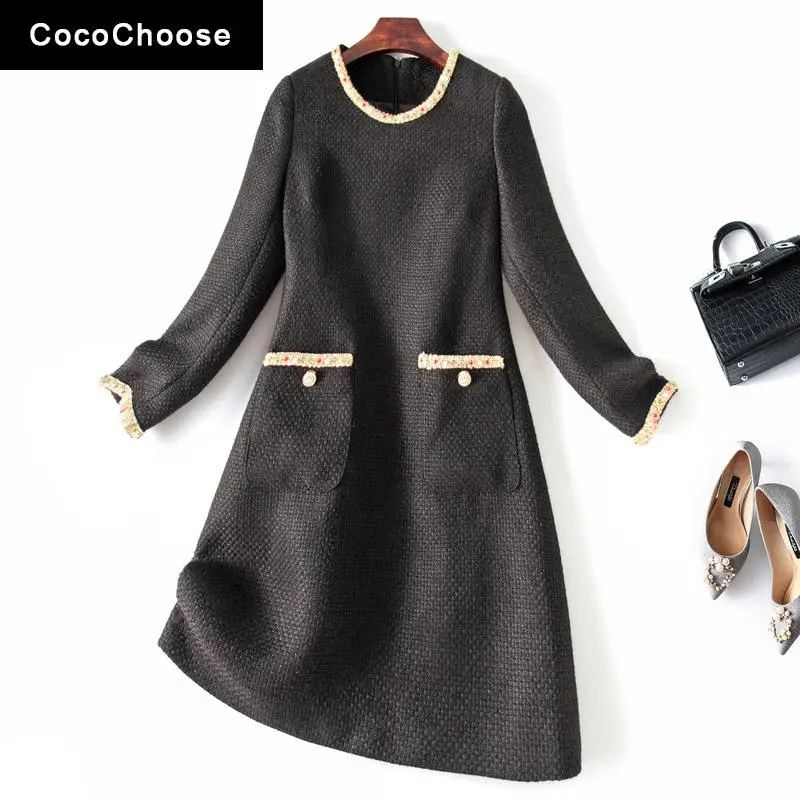 

Fashion Designer Tweed Dress Winter 2021 Women Shift Dress Luxury Diamonds Beading Round Collar Long Sleeve Elegant Black Dress