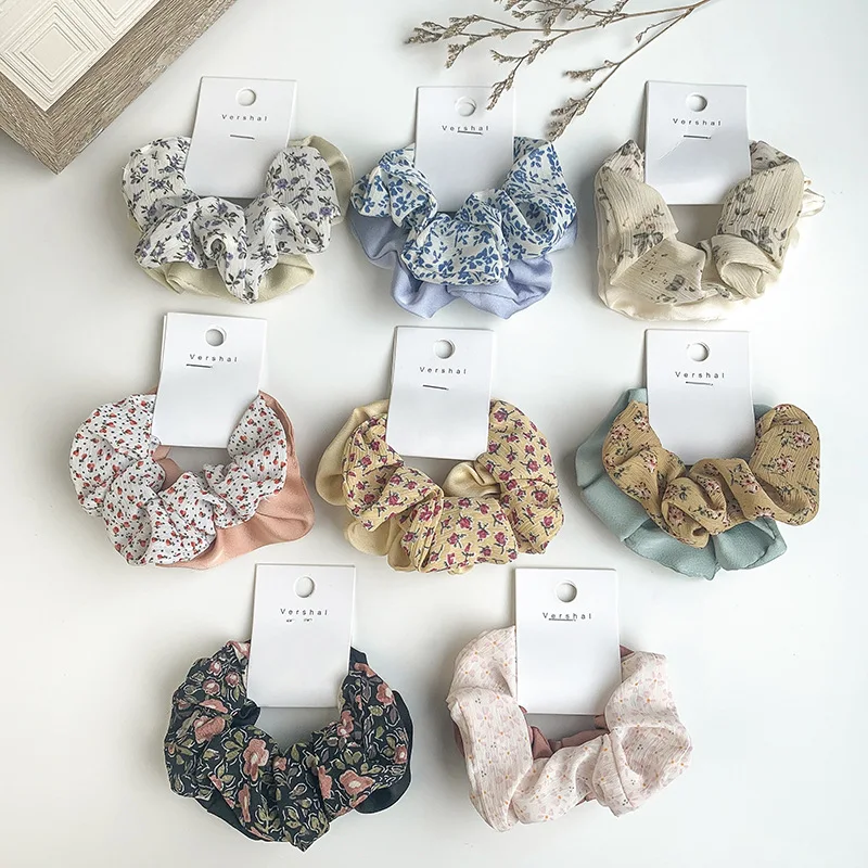 

New Women Double Side Floral Scrunchies Fashion Elastic Hairband Hair ties Accessories For Women Rubber Bands Ponytail holders