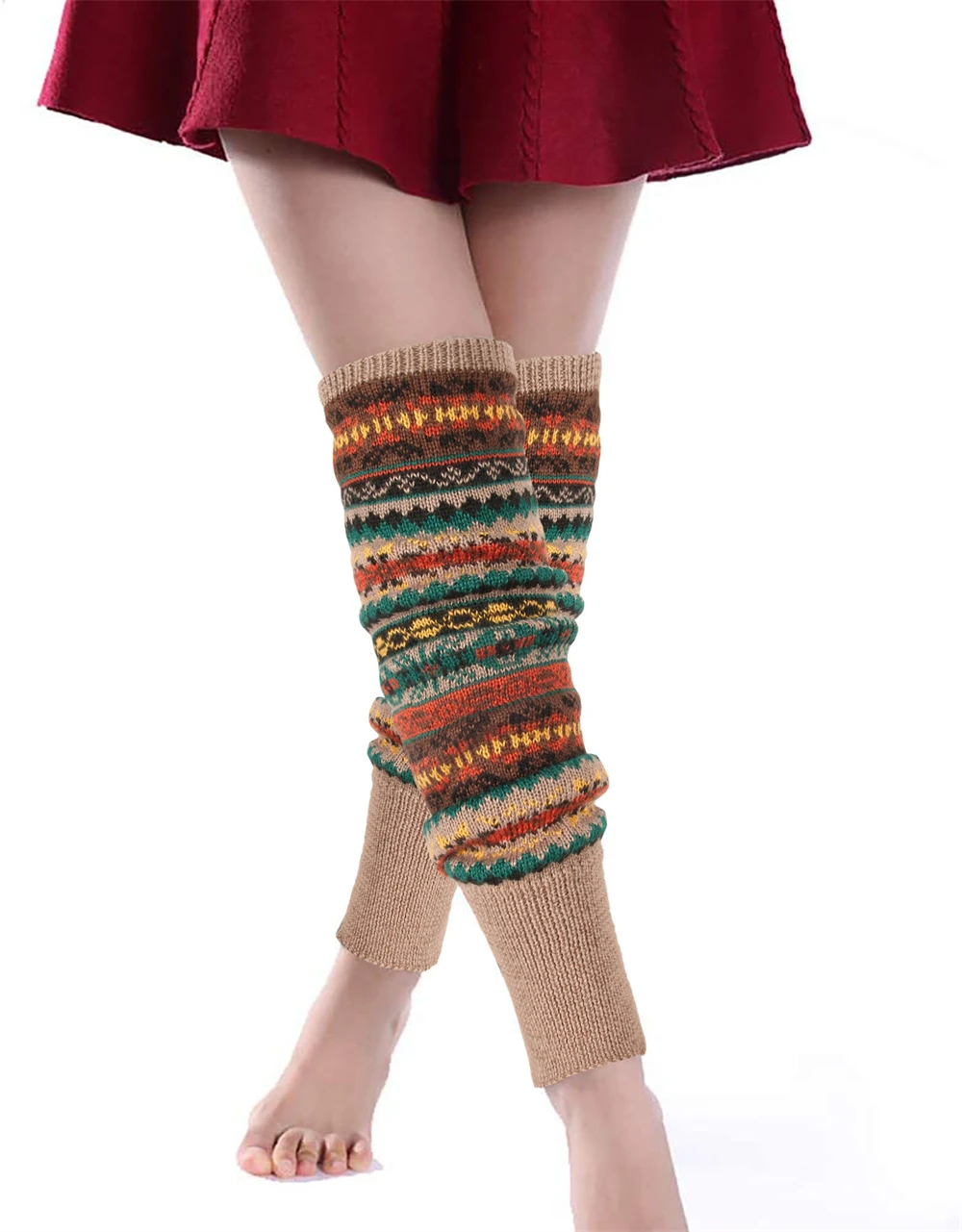 Женские осенне-зимние шерстяные вязаные носки выше колена с богемным рисунком