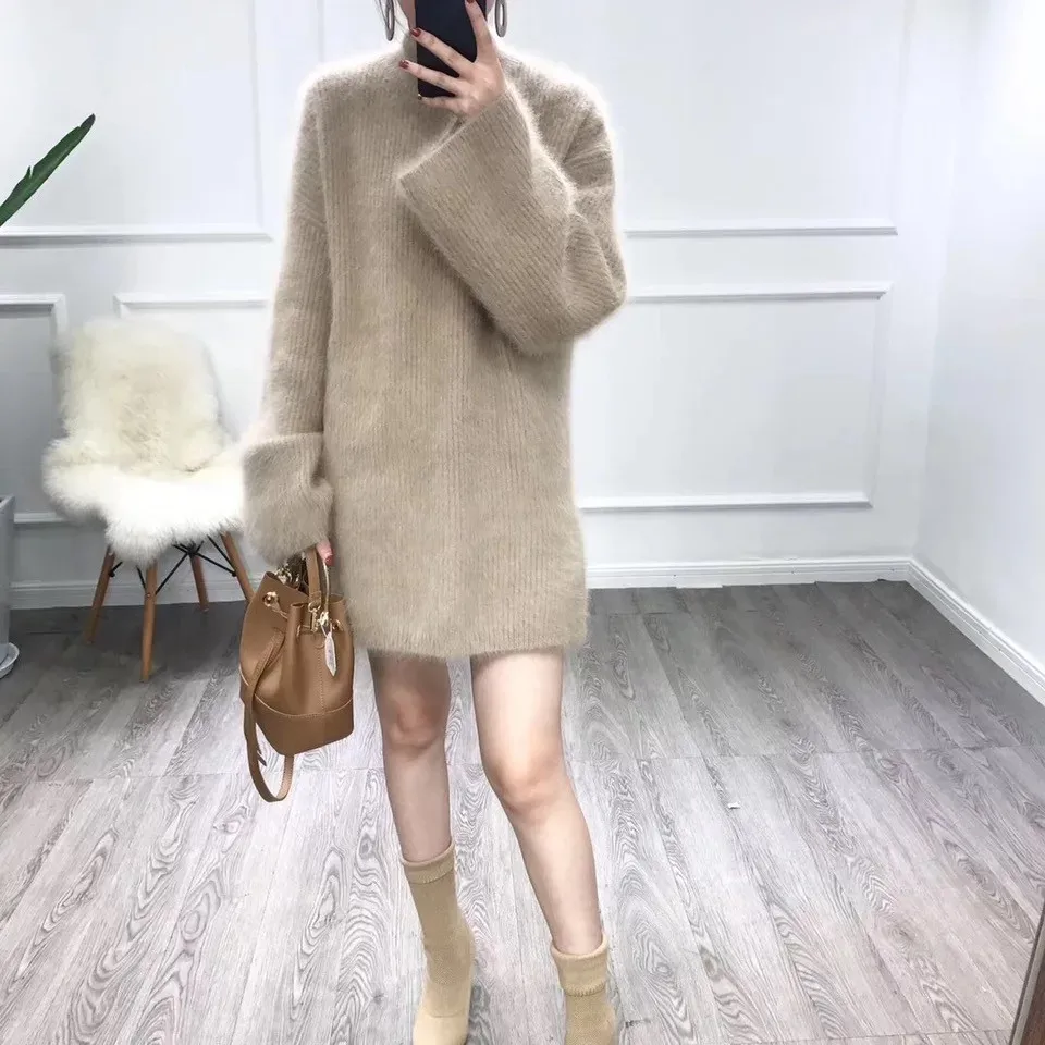 Autumn Winter Long Turtleneck Sweater Women Loose Lazy Oaf Flare Sleeve Fluffy Synthetic Mink Cashmere Knitted Jumpers | Женская одежда