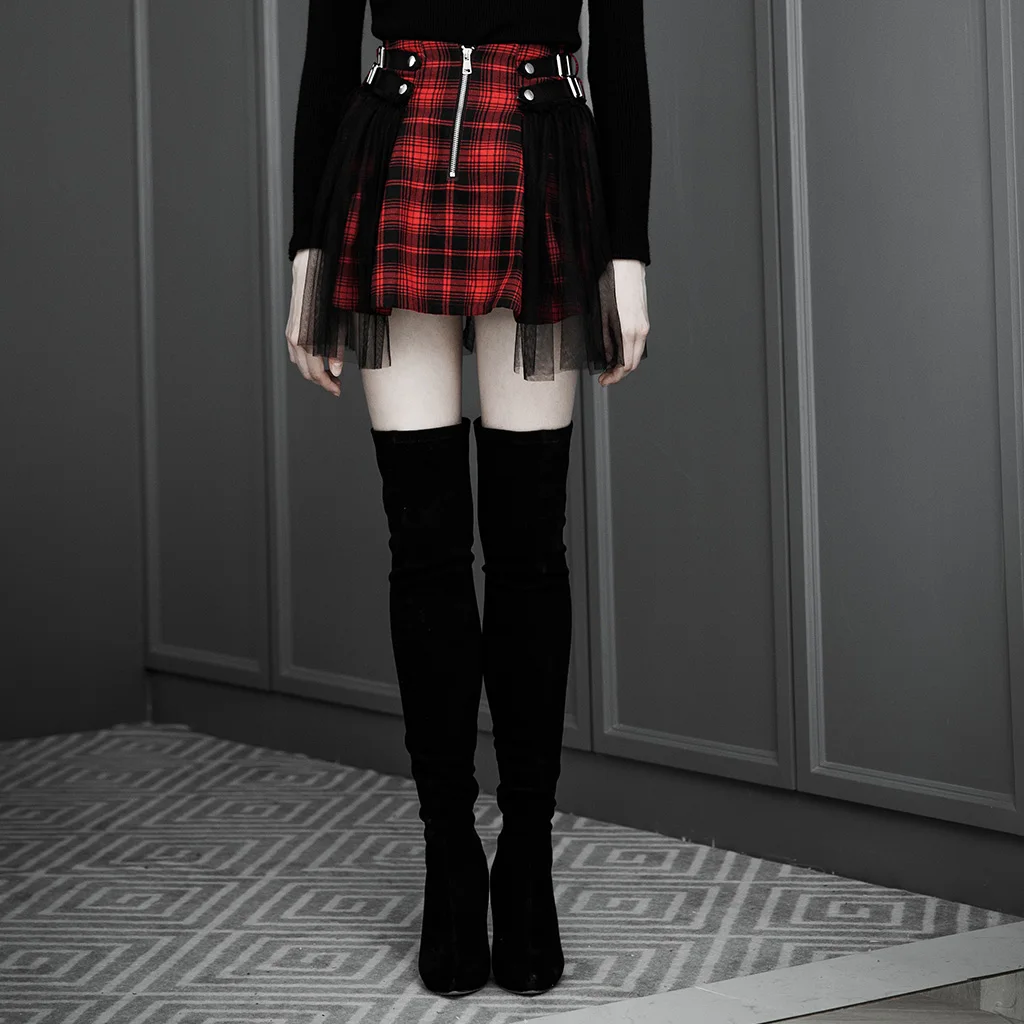 Женская сетчатая юбка с ремнем повседневная короткая в клетку стиле панк
