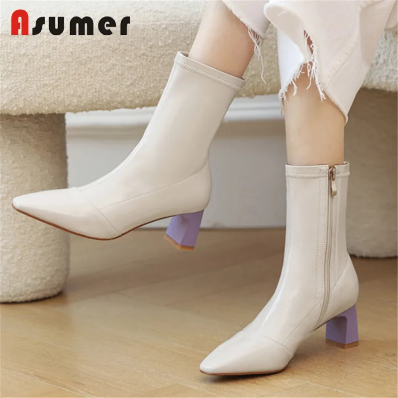 

ASUMER 2022 New Arrive Stretch Boots Women High Heels Dress Office Shoes Mixed Colors Square Toe Slim Ankle Boots For Women