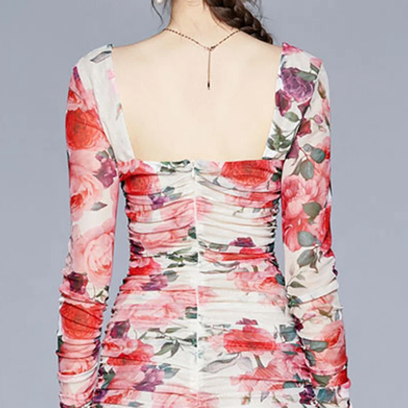 

VGH Vintage Print Dress For Women Square Collar Half Sleeve High Waist Ruched Slim Dresses Female Summer Fashion New 2021 Tide