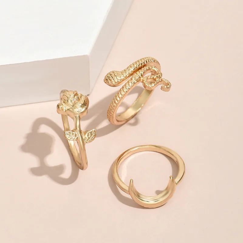 

Summer 3 Pcs/set Retro Rose Flower Moon Finger Ring Set for Women Girls Personality Jewellery Wholesale