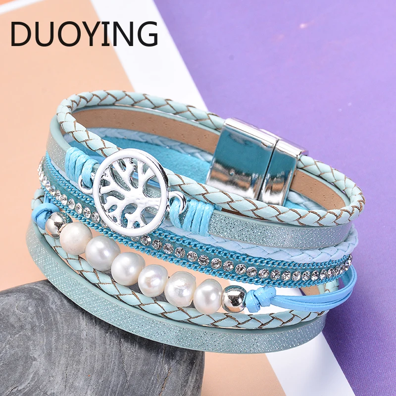 Многослойный браслет Hiyong кожаный в богемном стиле женский с жемчужинами