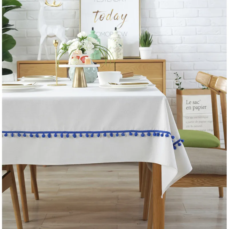 

Natural plain fuzzy bull tassel Table Cloth Cotton Linen Wrinkle Free Anti-Fading Tablecloths Washable Table Cover for Kitchen