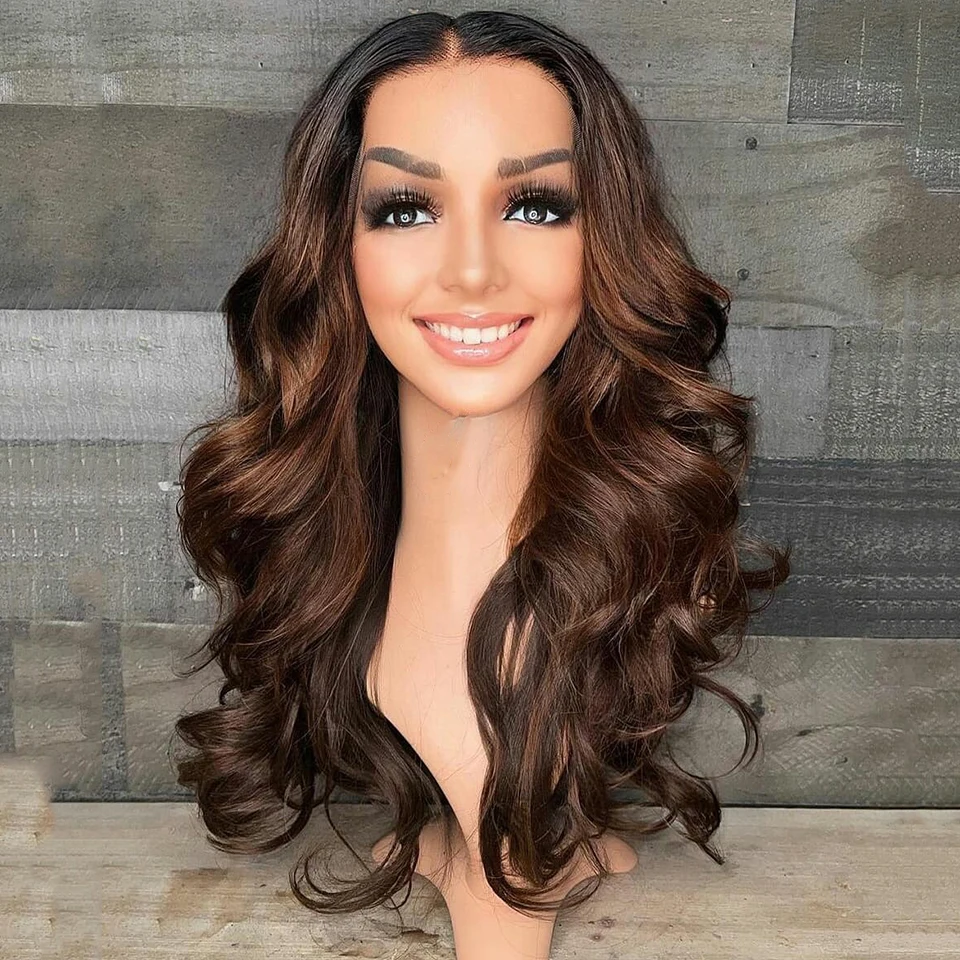 

180% Density Preplucked Ombre Brown Body Wave Transparent Lace Front Wig with Baby Hair For Women Cosplay 26 Inch Long Glueless