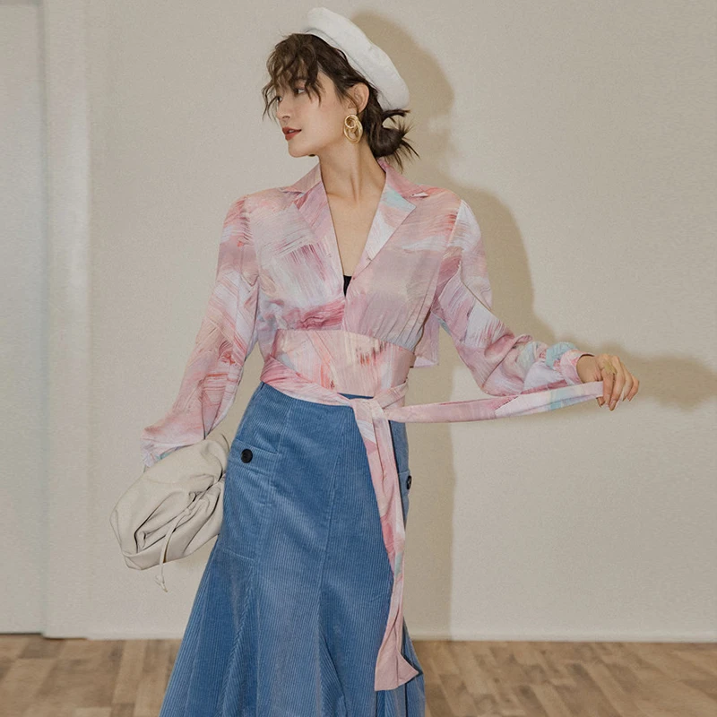 

SISPELL Print Hit Color Women's Shirt Lapel Collar Long Sleeve Lace Up Bowknot Cropped For Female Vintage Shirts Fashion