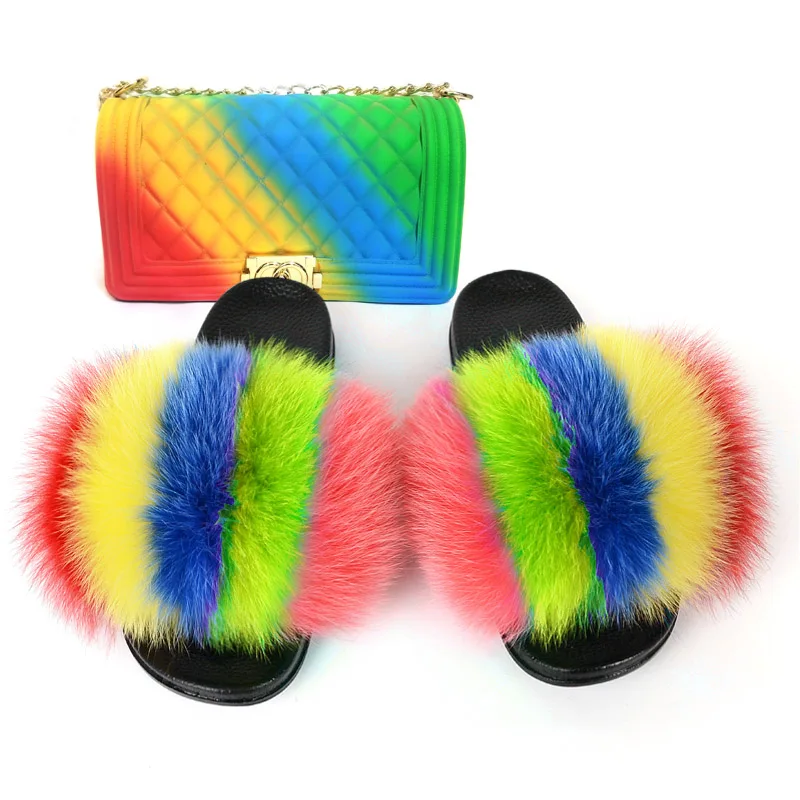 

GW 2020 Fur Slides And Purse Set Furry Slides And Purses Set Fluffy Slippers Fox Fur Plush Sandals Bags Jelly Purse