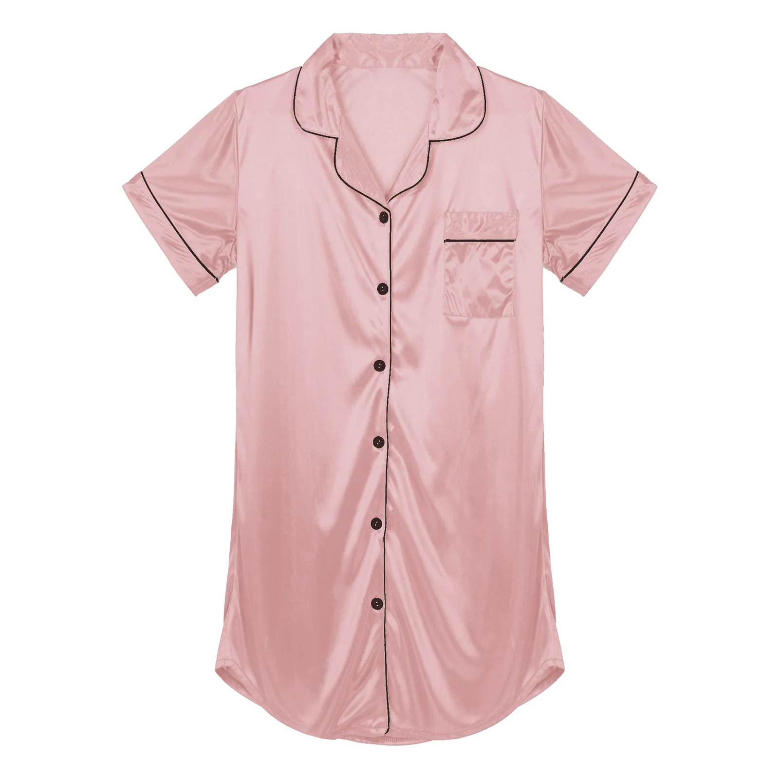 Women Night Dress Sleepshirts Summer Solid Color Lounge Home Clothes Turn-Down Collar Short Sleeve Button Pocket Shirt Nightwear