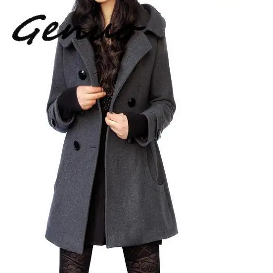 Genuo Новое одноцветное двубортное шерстяное пальто с капюшоном женская зимняя