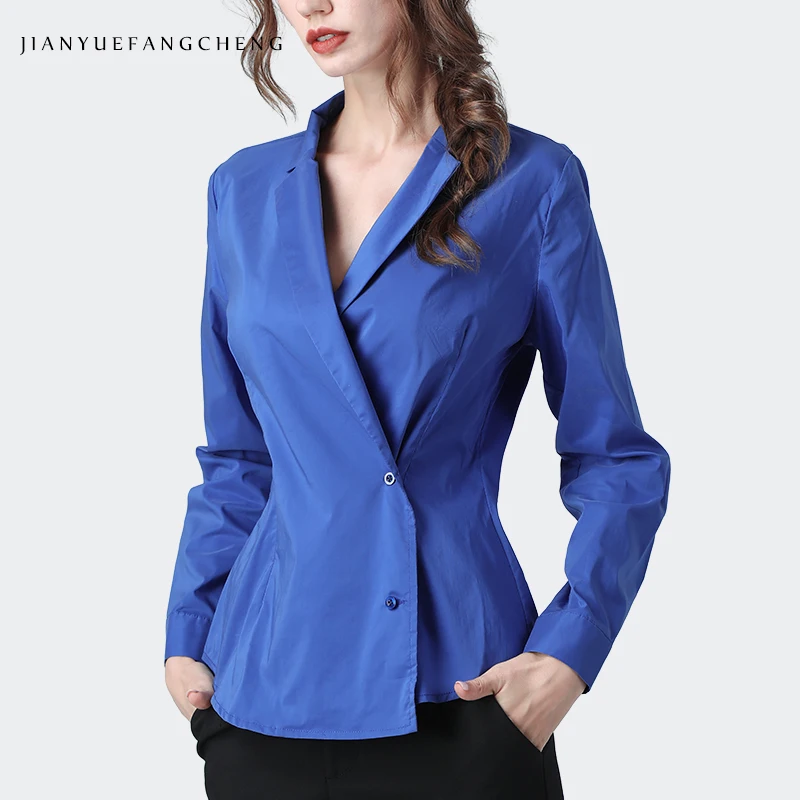 

Women Pink Cotton Blouse Notched V-Neck Long Sleeve Office Ladies Shirt Elegant Slim High Waist Female Autumn Tops And Blouses