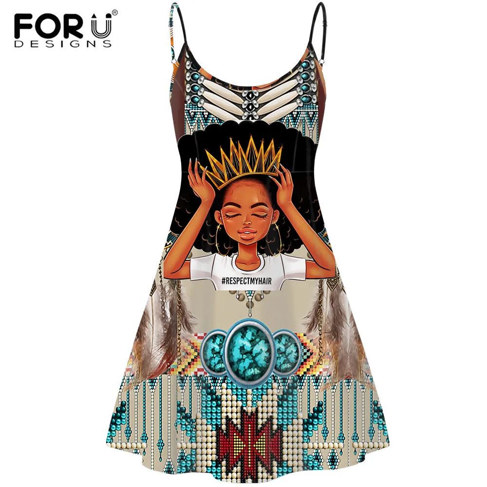 

FORUDESIGNS Sexy Backless Woman Dress African Tribal Ethnic Cartoon Girls Summer Spring Sleeveless Beach Sundress Vestidos Mujer