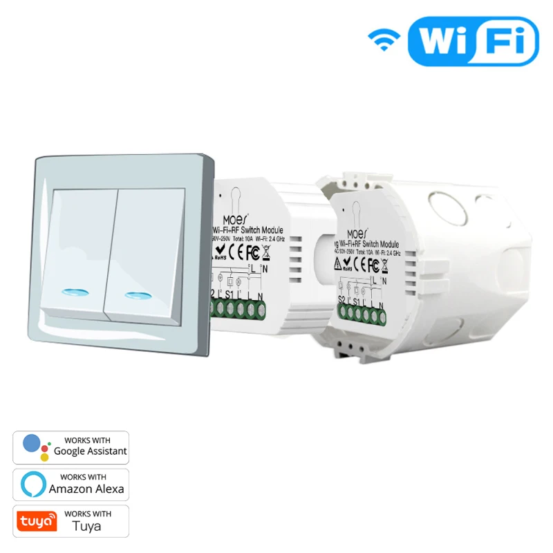

Smart Light Switch Module WiFi+RF433 2 Gang 2 Way 10A 90V-250V Remote Control Work With Alexa Google Home Smart Life/Tuya APP