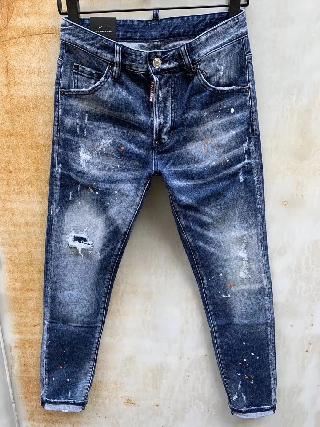 Pantalones vaqueros rasgados a la moda para hombre y mujer, Jeans rasgados de corte Slim, microelásticos con tinta rasgada, color azul, 979