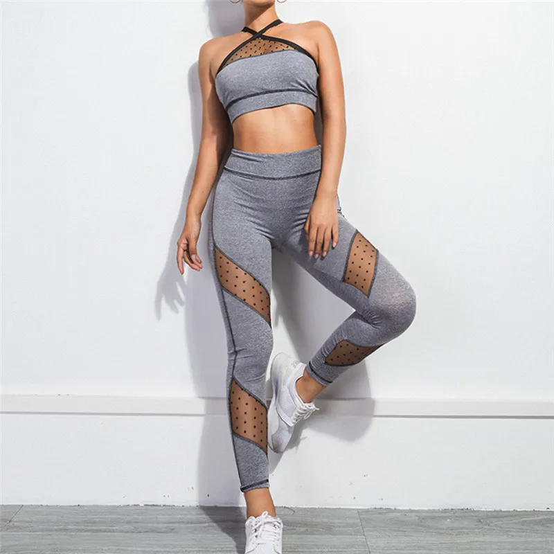 Fitness Female Yoga Set Ensemble Women Sport Suit Tracksuit Hollow Out Sexy Workout Gym Wear Running Clothes Mesh Sportswear | Спорт и