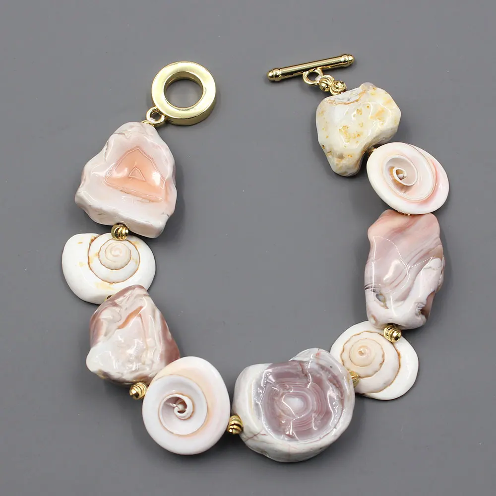 

GuaiGuai Jewelry Rare Conch Shell Pearl Pink Botswana Agates Nugget Bracelet Handmade Cute For Lady