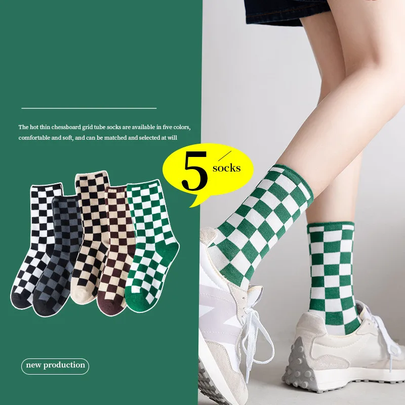 

5 Pairs Woman Socks Autumn Winter New Black White Checkerboard Socks Men Hip Hop Breathable Personality Cotton Socks