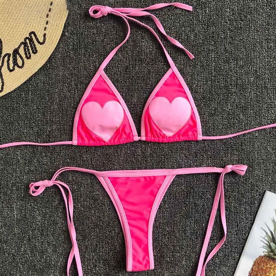 Бикини с бретельками на бретельках 2019 розовый цвет сердце бикини вышивки набор