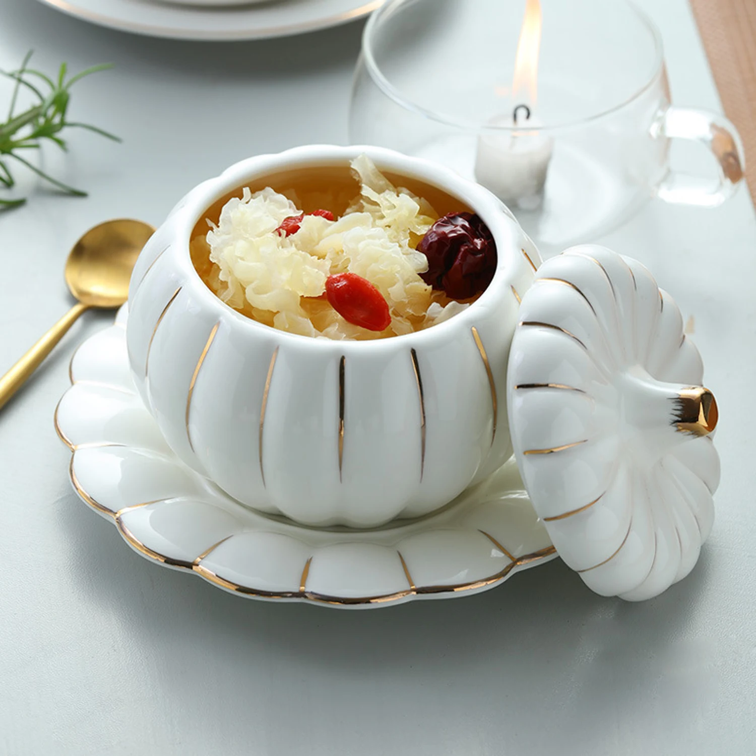 

Ceramic Dessert Bowl, Breakfast/Steamed Egg/Soup/Baby Food Supplement Bowl, Microwaveable Heating, Pumpkin-Shaped Household Bowl