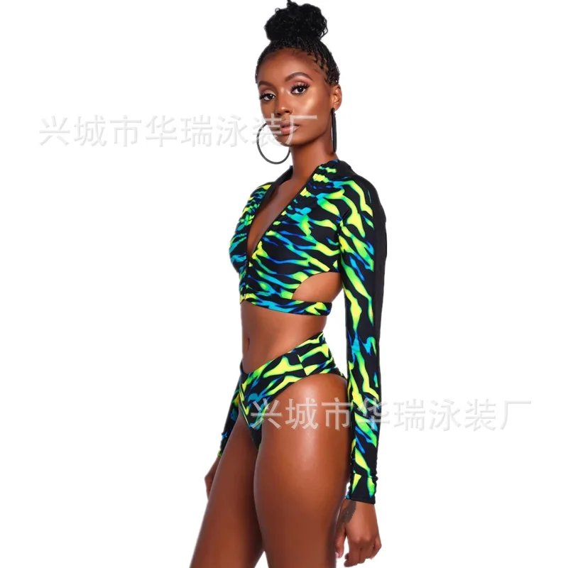 

New Printed Split Bikini Open Back Sexy European and American Zipper Multicolor Tight-fitting Small Fresh Spot Ladies Swimsuit
