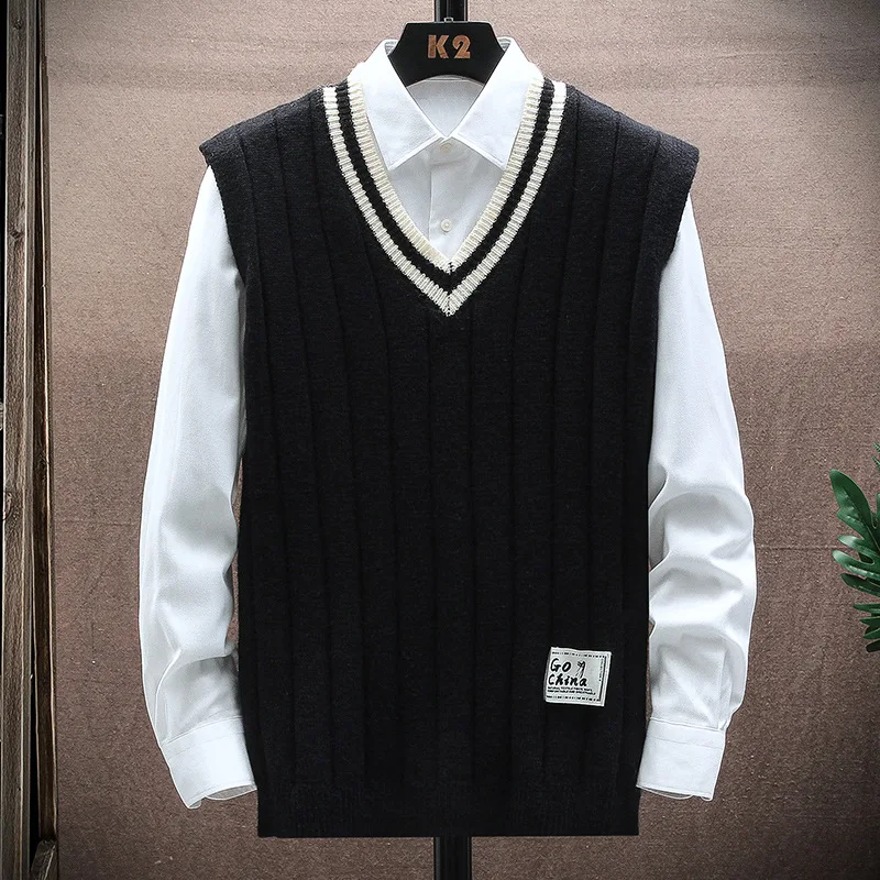 

151 Autumn Winter Men Knitted Sweater Waistcoat Fashion Campus Casual Color Contrast Sleeveless Stripe V-Neck Patchwork Vest