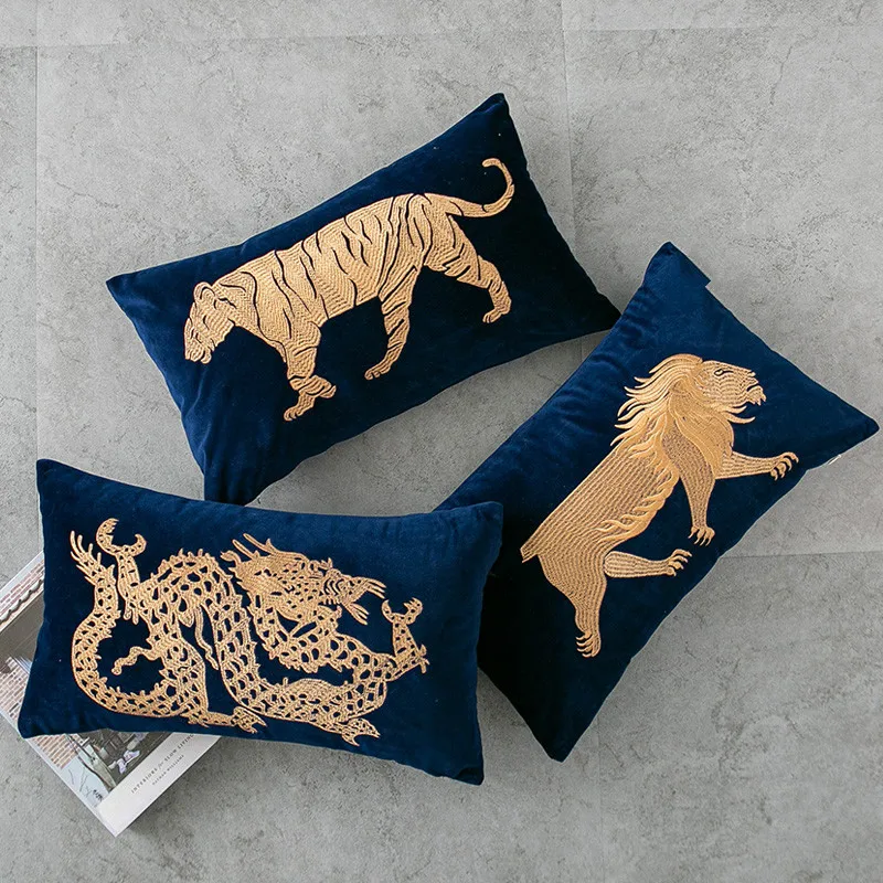 

DUNXDECO Cushion Cover Decorative Pillow Case Modern Artistic Luxury Blue Velvet Tiger Lion Dragon Embroider Sofa Chair Coussin