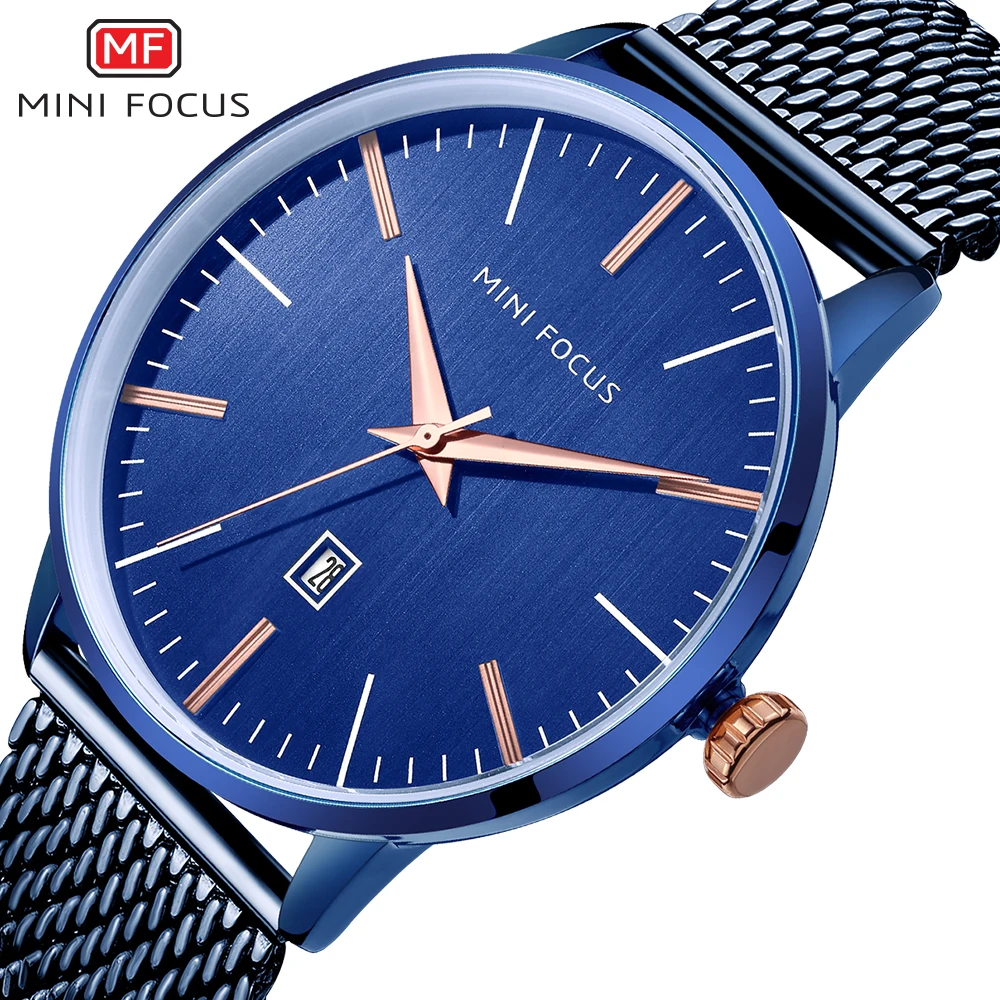 

MINI FOCUS 2021 Sport Watch Men Military Quartz Clocks Blue Mesh Strap Calendar Date Display Chic Mens Watches Top Brand Luxury