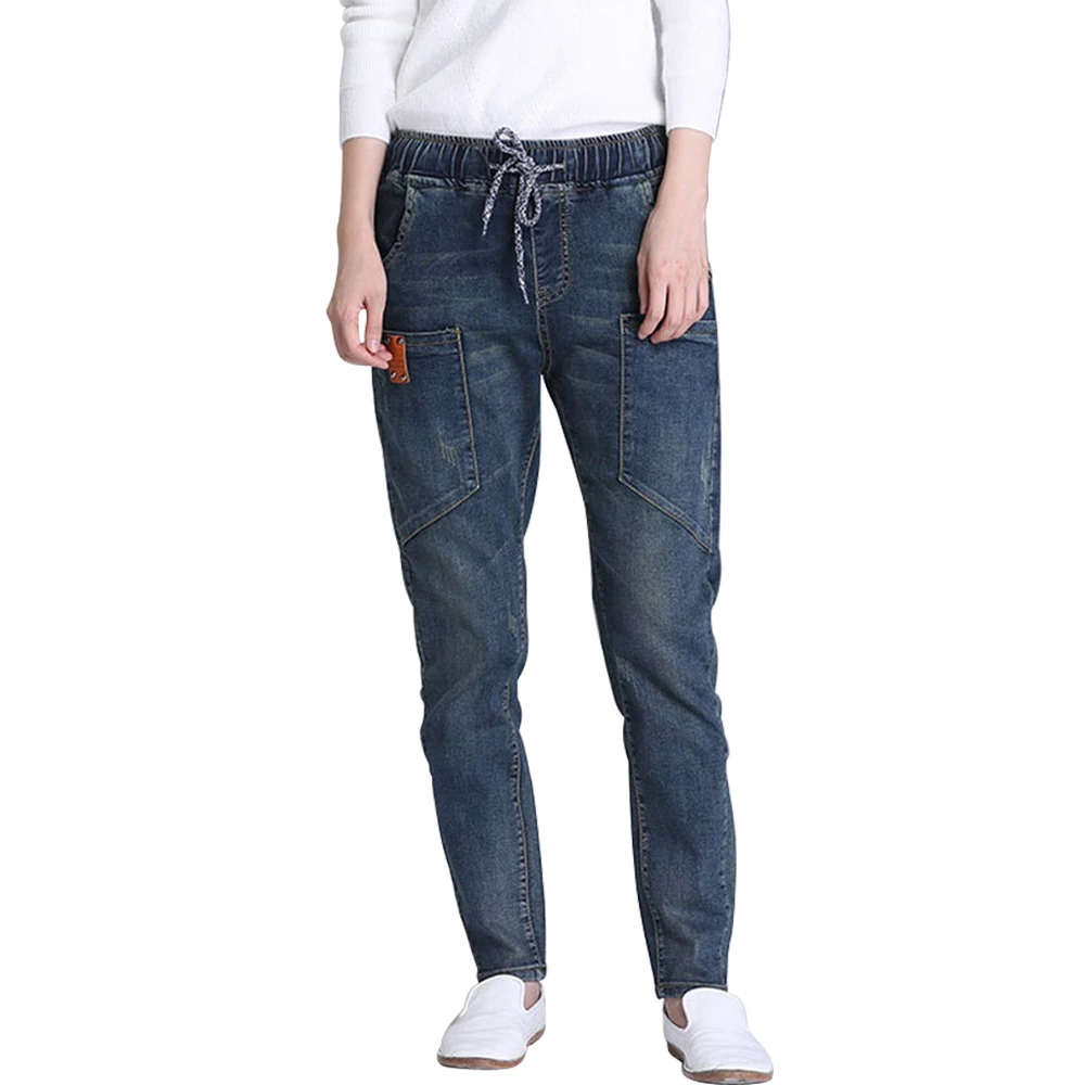 

Newest Fashion Elastic Waist Black Jeans Korean Mom Jeans High Waist Jeans High Street Plus Size Denim Pants Street Style