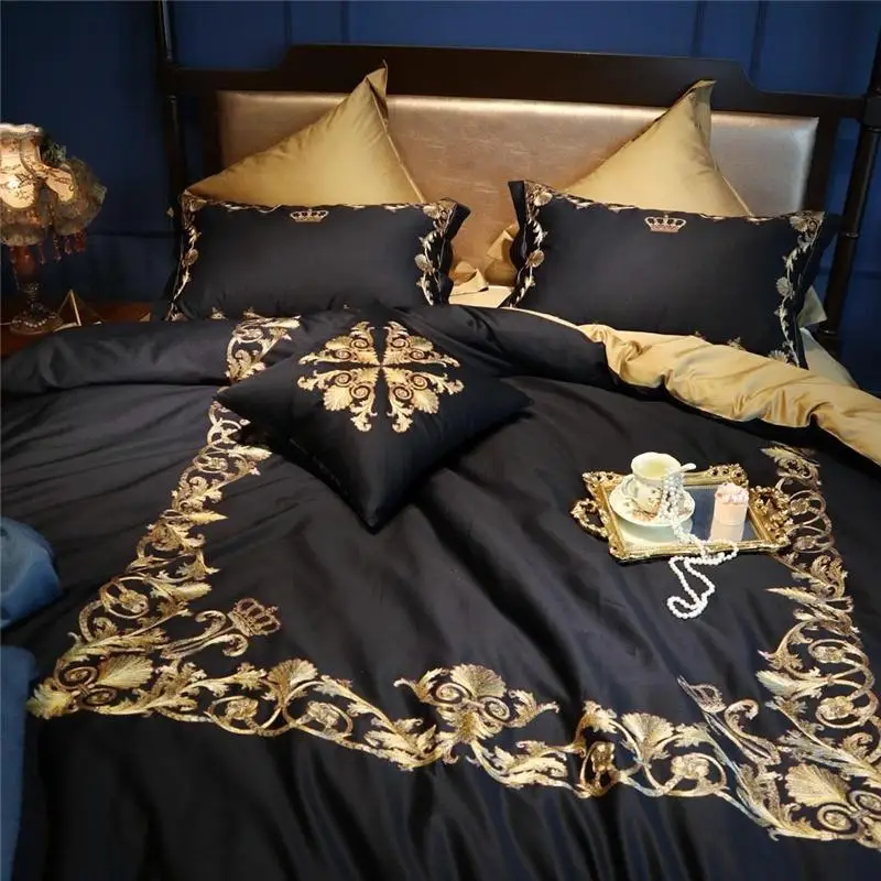 30 Egypt Cotton Black Gold Crown Bedding Set Embroidery Silky Duvet Cover Sets Bed Sheet Pillowcases Queen King size 4/6/7Pc | Дом и сад