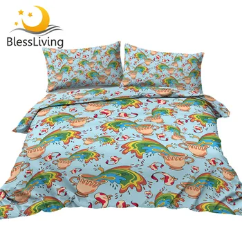 BlessLiving Colorful Bedding Set Rainbow Drink Comforter Cover With Pillowcases Cups Funny Bed Set Fish Koi Home Textiles 3PCS 1