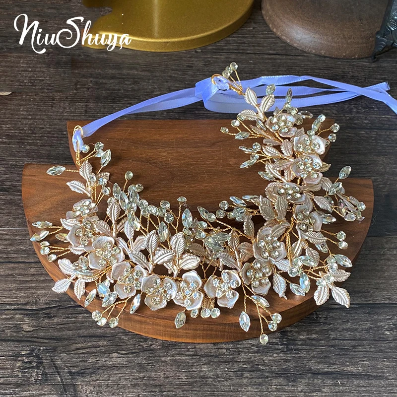 

NiuShuya Gold Headbands Elegant Crystal Flowers Handmade Hairband Rhinestone Wedding Hair Accessories With Ribbon Women Jewelry