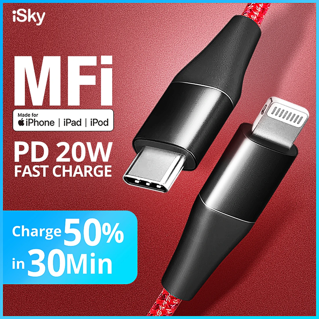 Зарядный кабель iSky MFi USB C для iPhone 11X8 7 6 5 XR XsMax Pro PD сертифицированный быстрой