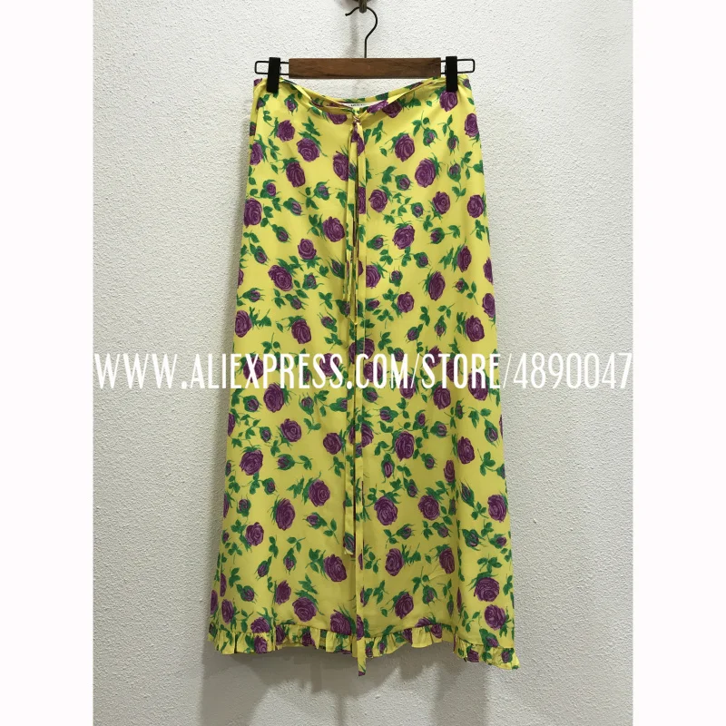 

2021 early autumn rose print lace-up waist skirt ladies high-quality silk elegant ruffle skirt