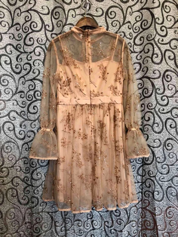 

New Top Quality 2021 Spring Summer Party Evening Style Women Luxurious Golden Embroidery Flare Sleeve Big Swing Tull Mesh Dress