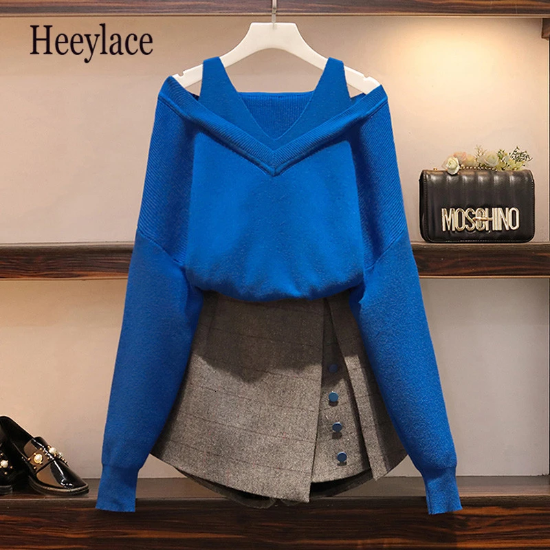 Большой женский трикотажный свитер корейский сексуальный короткий костюм