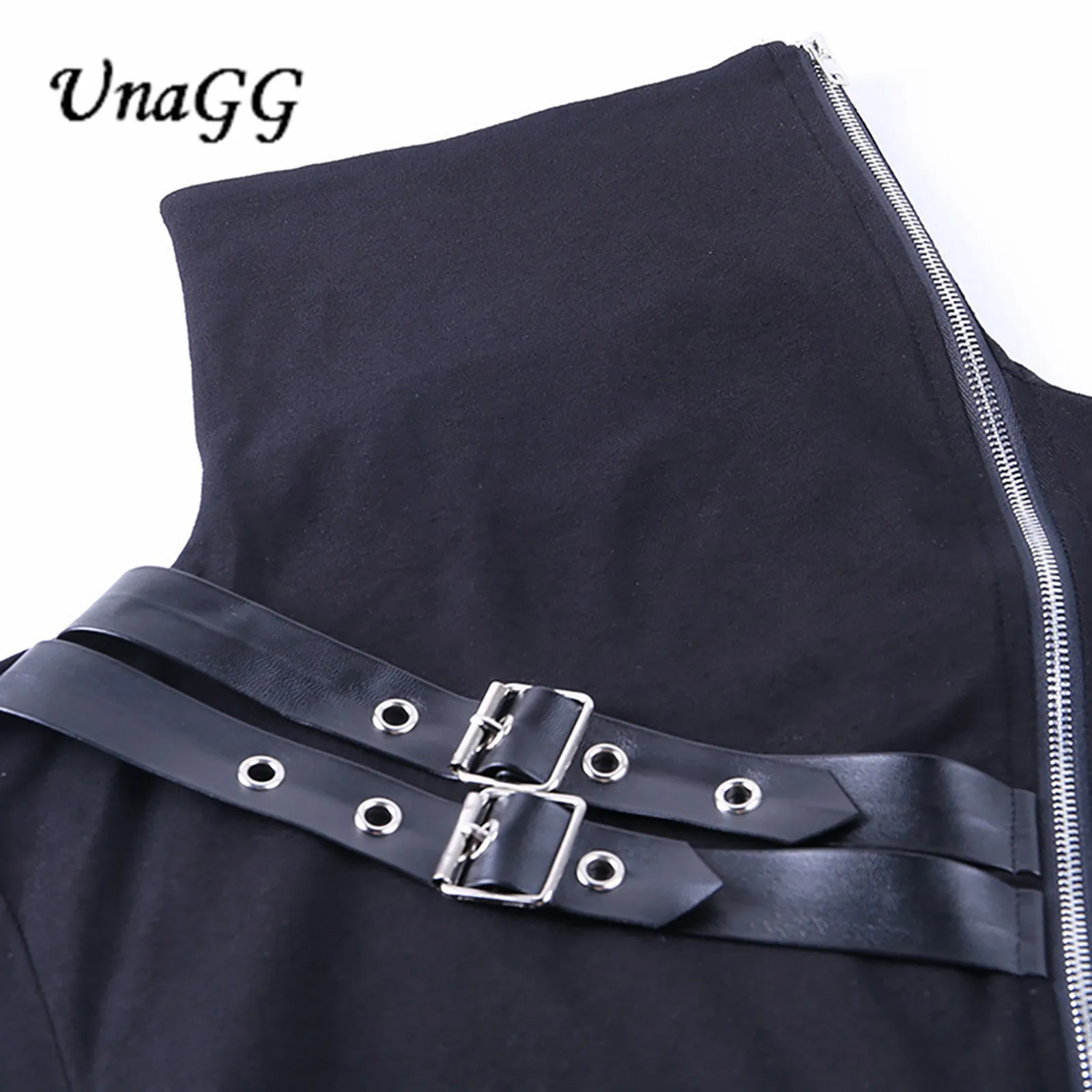 

UnaGG Punk Leather Patchwork Black Tops Women Gothic Streetwear Sexy Doubt Zipper Turtleneck Long Sleeve Tops Autumn T-shirts #1