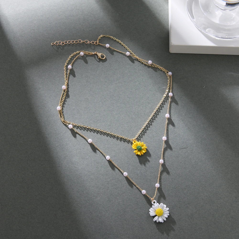 UMKA Sunflower Decoration Pearl Chain For Women 2021 Double-Layer Alloy Resin Long Choker Clavicle Necklace | Украшения и