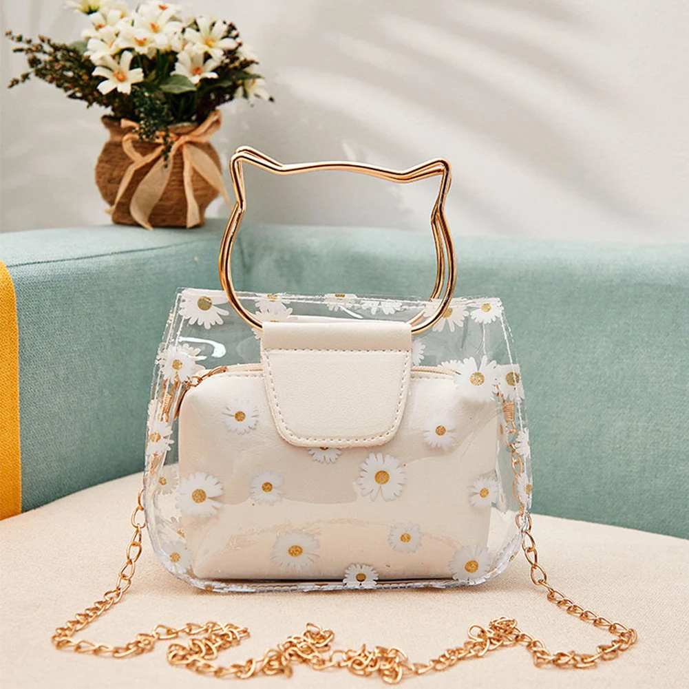 

Shoulder Waterproof Portable For Women Casual Daisy Pattern Chain Transparent Gift Crossbody Handbag Messenger With Inner Pouch