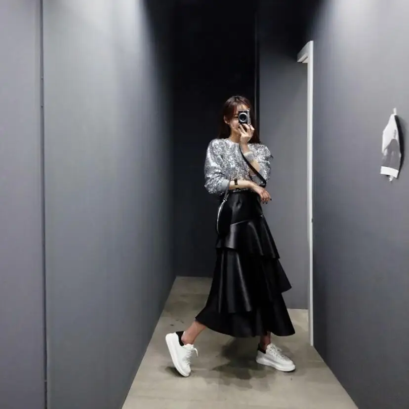

Spring Autumn High Waist Fashion Irregular PU Leather Solid Color Multilayer Cake Long Skirt Women Fashion Streetwear Skirt s453
