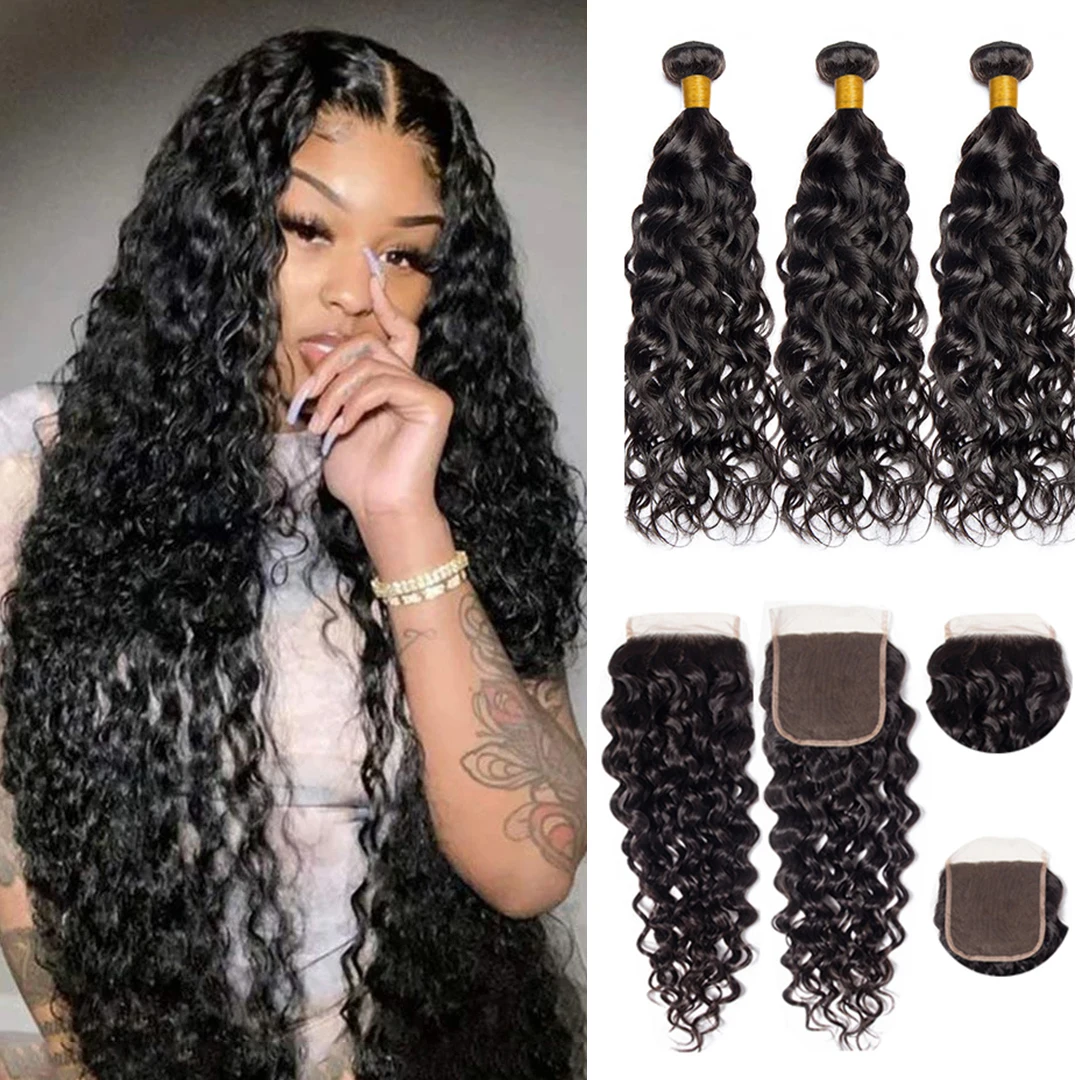 

Malaysian Water Wave Bundles with Closure Wet and Wavy Curly Human Hair Bundles with Closure 4x4 Lace Remy Hair Extensions AHJF