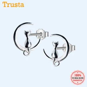 Trustdavis новые женские модные серьги-гвоздики из стерлингового серебра 100% пробы с маленьким милым котом на Луне подарок для девочек и детей DT74